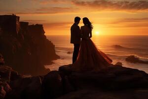 AI generated Silhouette of Couple Against Peach Sunset, Romantic Cliffside, Love and Connection photo