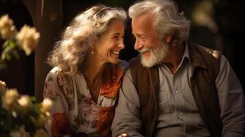 AI generated Elderly couple sharing a tender moment, perfect for themes of love and aging gracefully photo