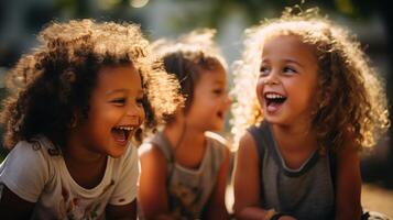 AI generated Three Joyful Children Laughing and Playing in Sunlight photo