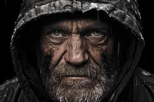 AI generated Portrait of a Weathered Older Man in a Hood, Dramatic Lighting, Intense Gaze photo