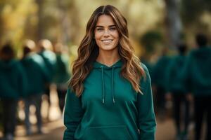 ai generado sonriente joven caucásico mujer en verde sudadera, Perfecto para estilo de vida marca foto