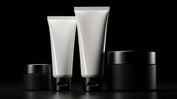 AI generated Elegant Cosmetic Packaging for Skincare on Black Background, Marketing and Product Photography photo