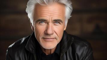 AI generated Distinguished Silver-Haired Man in Leather Jacket with Confident Smile photo