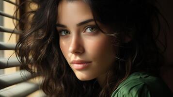 AI generated Close-Up of Young Caucasian Woman with Green Eyes, Ideal for Beauty, Fashion photo