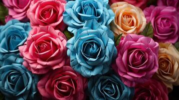 AI generated Colorful Paper Roses Array, Ideal for Design, Decor, and Craft Inspiration photo