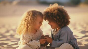 ai generado dos alegre niños compartiendo un momento en un arenoso playa foto