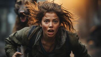 AI generated Young Woman in a Frightened Sprint with a Dog, Apt for Suspense and Thriller Concepts photo
