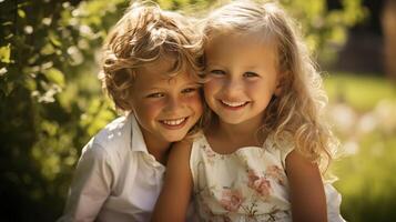 AI generated Joyful Siblings Embracing in Sunlit Garden, Childhood Innocence photo