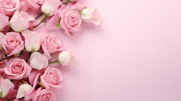 AI generated Elegant Pink Rose Border on Pastel Pink Background with Copy Space photo