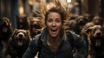 AI generated Excited Woman Running with a Pack of Joyful Dogs on City Street photo