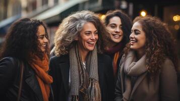 ai generado grupo de cuatro mujer riendo juntos en un ciudad calle foto