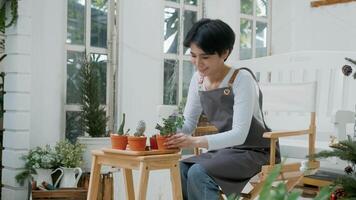 A young Asian woman enjoys gardening at home, Health care and wellbeing concept video