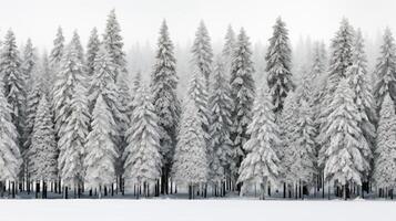 AI generated A group of trees covered in snow in a forest area with a white sky background. photo