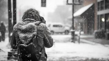 AI generated A person walking down a street in the snow with a backpack on their back, talking on the phone. photo