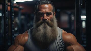 AI generated Muscular Bearded Man in Gym Showcasing Strength and Focus photo