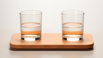 AI generated Minimalist whiskey glasses on wooden tray, simple and elegant design. photo