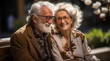 AI generated Senior couple smiling on bench, joyful and affectionate, warm glow. photo