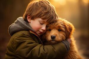 ai generado joven chico abrazando mullido perro en calentar puesta de sol ligero foto