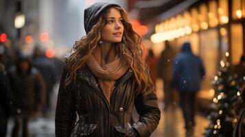 AI generated Young woman standing on city street on snowy evening. Christmas lights and decorations can be seen in background, adding to festive atmosphere of scene. photo