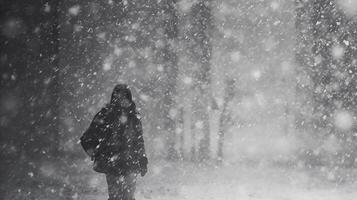 ai generado un persona caminando en el nieve en un parque en un Nevado día en el invierno foto