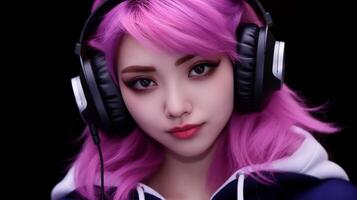 ai generado cautivador niña con rosado pelo y de gran tamaño auriculares miradas con confianza a cámara. Perfecto para música promociones, vibrante Moda efectos visuales, y expresando individualidad. foto