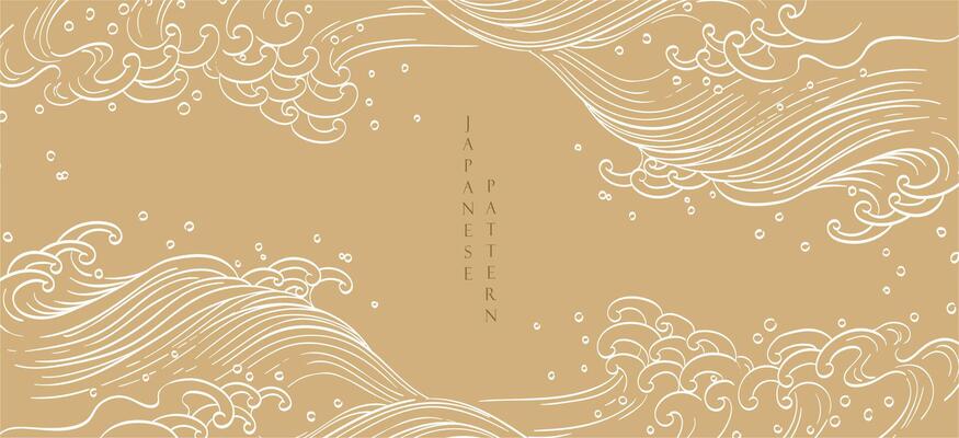 Hand drawn wave with Japanese pattern vector. Gold abstract art background in vintage style. Chinese new year banner and card design. Contemporary shapes in vintage template design