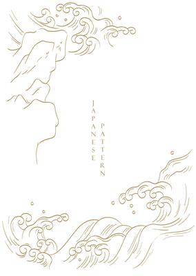 Japanese background with Chinese wave and rock element vector. Hand drawn line natural ocean sea pattern design in vintage style. Marine template.