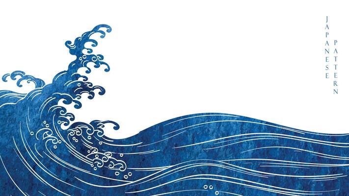 Japanese background with hand drawn wave in vintage style. Art chinese landscape banner design. Water surface element.
