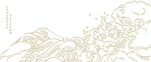 Japanese background with hand drawn wave elements vector. Gold line pattern with ocean sea object in vintage style vector