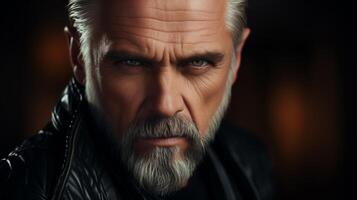 AI generated Intense man with silver beard in leather, darkness around, eyes piercing. photo