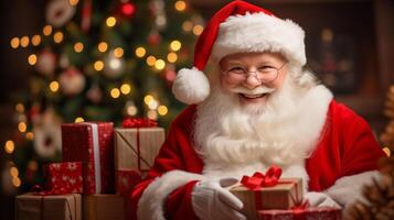 ai generado un Papa Noel cláusula es sentado en frente de un Navidad árbol con regalos en frente de él y sonriente a el cámara. foto