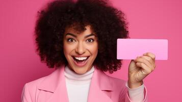 AI generated Excited Woman with Curly Hair Holding a Pink Card photo