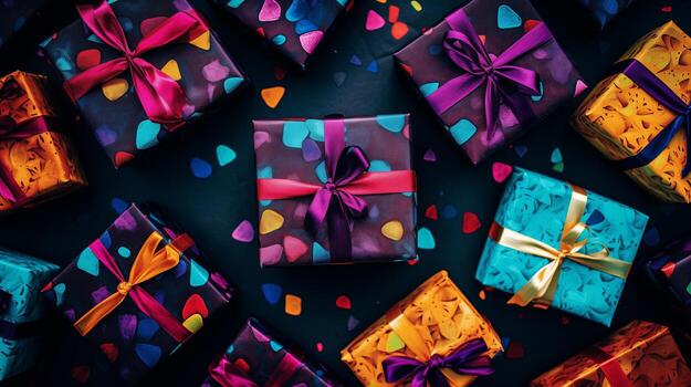 ai generado un grupo de vistoso envuelto regalos con un arco en ellos y papel picado en el piso siguiente a a ellos. foto