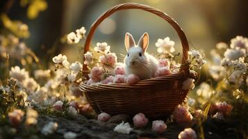 ai generado blanco Conejo en cesta en medio de primavera flores foto