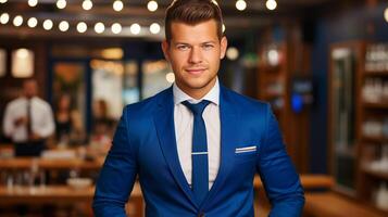 AI generated A man in a blue suit and tie standing in a restaurant with a blurry background of a bar. Product shots, Catalog, Brochure, Magazine ad, TV. photo