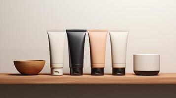 AI generated Minimalist Skincare Product Display on Wooden Shelf photo