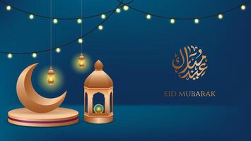 3d eid mubarak background with gold color. arabic calligraphy of eid mubarak. islamic vector illustration