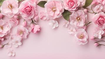 AI generated Pink Roses and Petals on Soft Pastel Background Top View photo