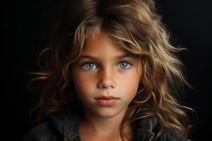 ai generado retrato de un joven niña con sorprendentes azul ojos y ondulado pelo foto