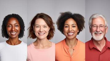 AI generated A group of people with different facial expressions and hair styles, all smiling and looking at the camera. photo