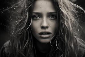 ai generado intenso emocional retrato de joven mujer en lluvia, negro y blanco foto