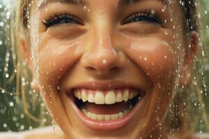 ai generado de cerca de alegre mujer cara con agua gotas foto