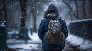 AI generated A person with a backpack walking in the snow in the park in winter time, with snow falling on the ground. photo
