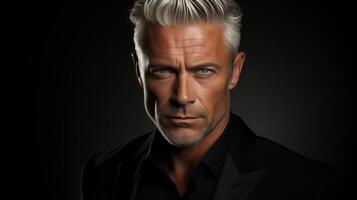 AI generated Distinguished silver-haired man in a sharp black suit, ideal for corporate and style concepts photo