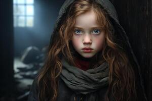 AI generated Solemn Young Girl in Hood, Dramatic and Moody Portrait photo