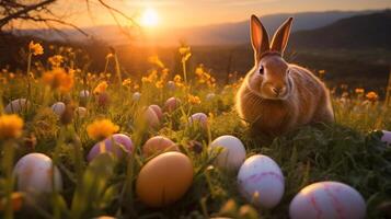 ai generado puesta de sol resplandor terminado campo con conejito y Pascua de Resurrección huevos foto