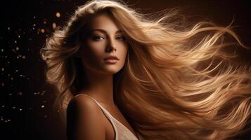 AI generated Beautiful blonde woman with long, flowing hair. Her hair is blowing in wind, creating sense of movement and dynamism. Background is dark, which contrasts with woman's light-colored hair. photo