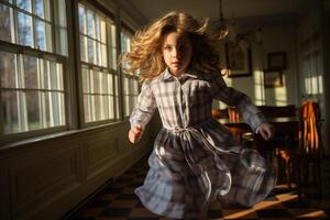AI generated A young girl in plaid runs quickly in a vintage room photo