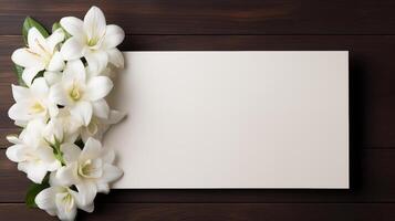 AI generated Blank card and white lilies on dark wooden background. photo