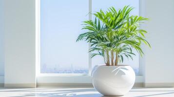 ai generado minimalista interior planta por brillante ventana con paisaje urbano ver foto